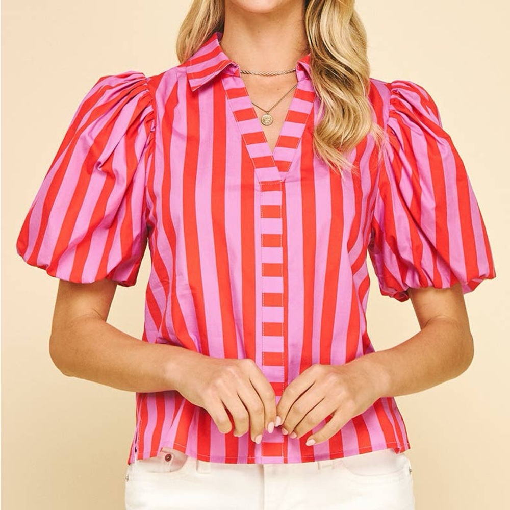 Striped Puff Sleeve Blouse - Pink and Red